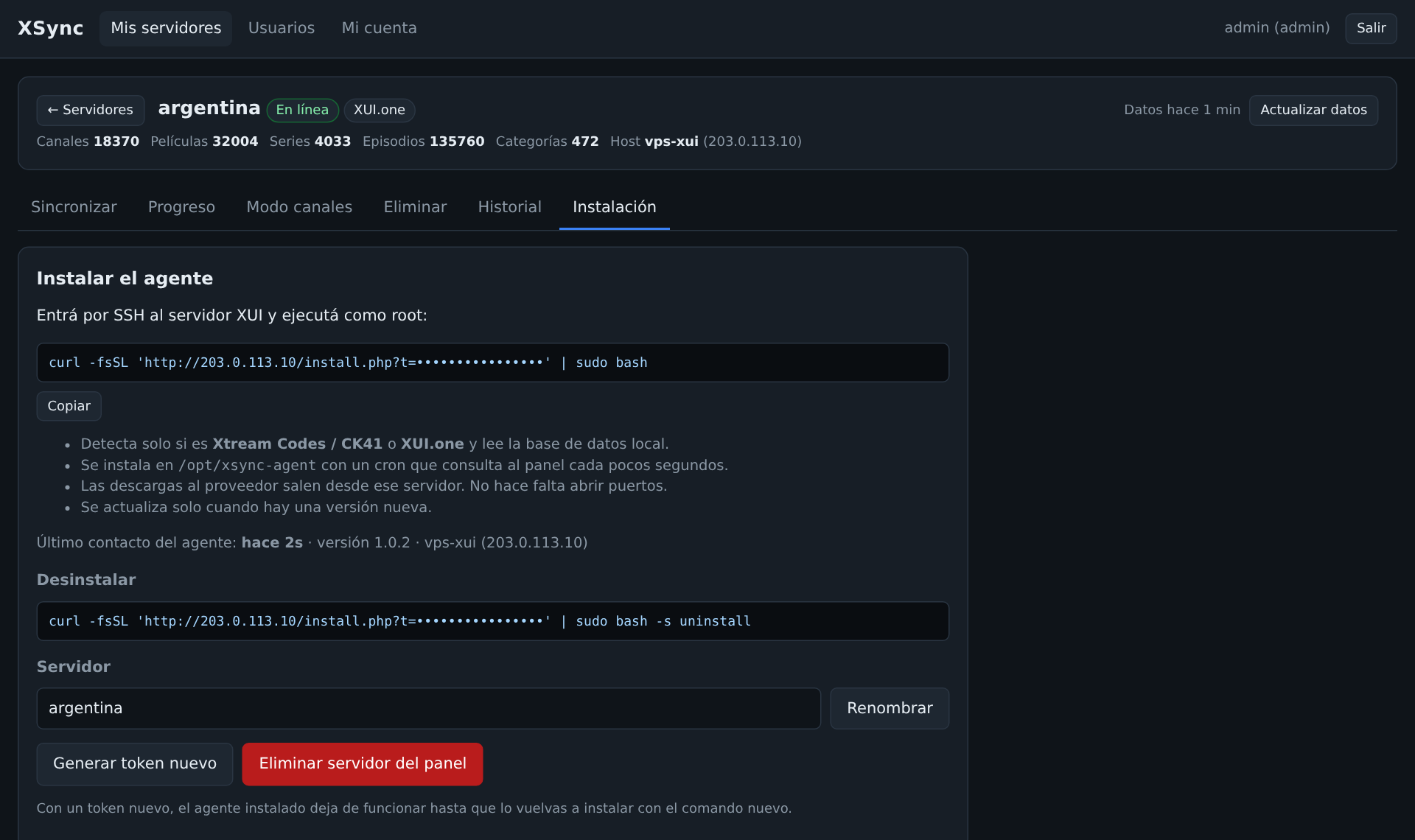 Pantalla de instalación del agente con el comando a copiar
