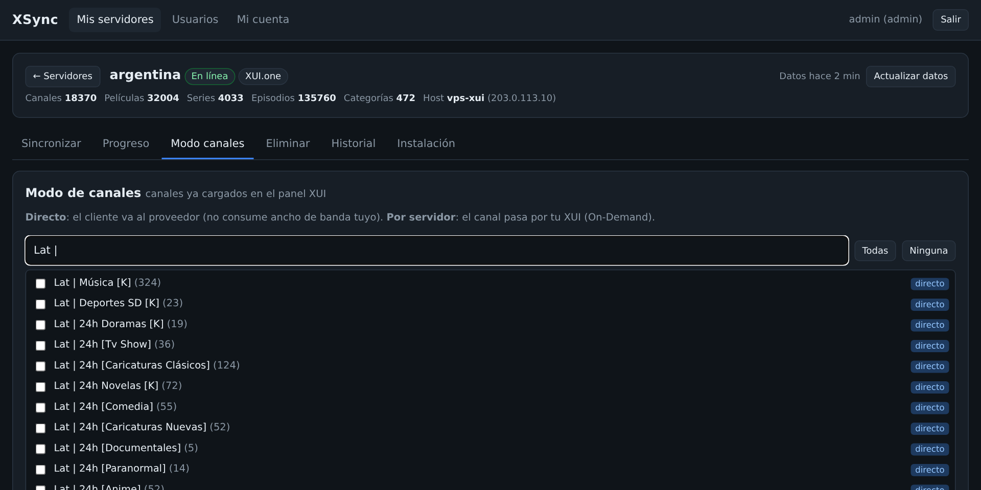 Modo de canales por categoría: directo o por servidor