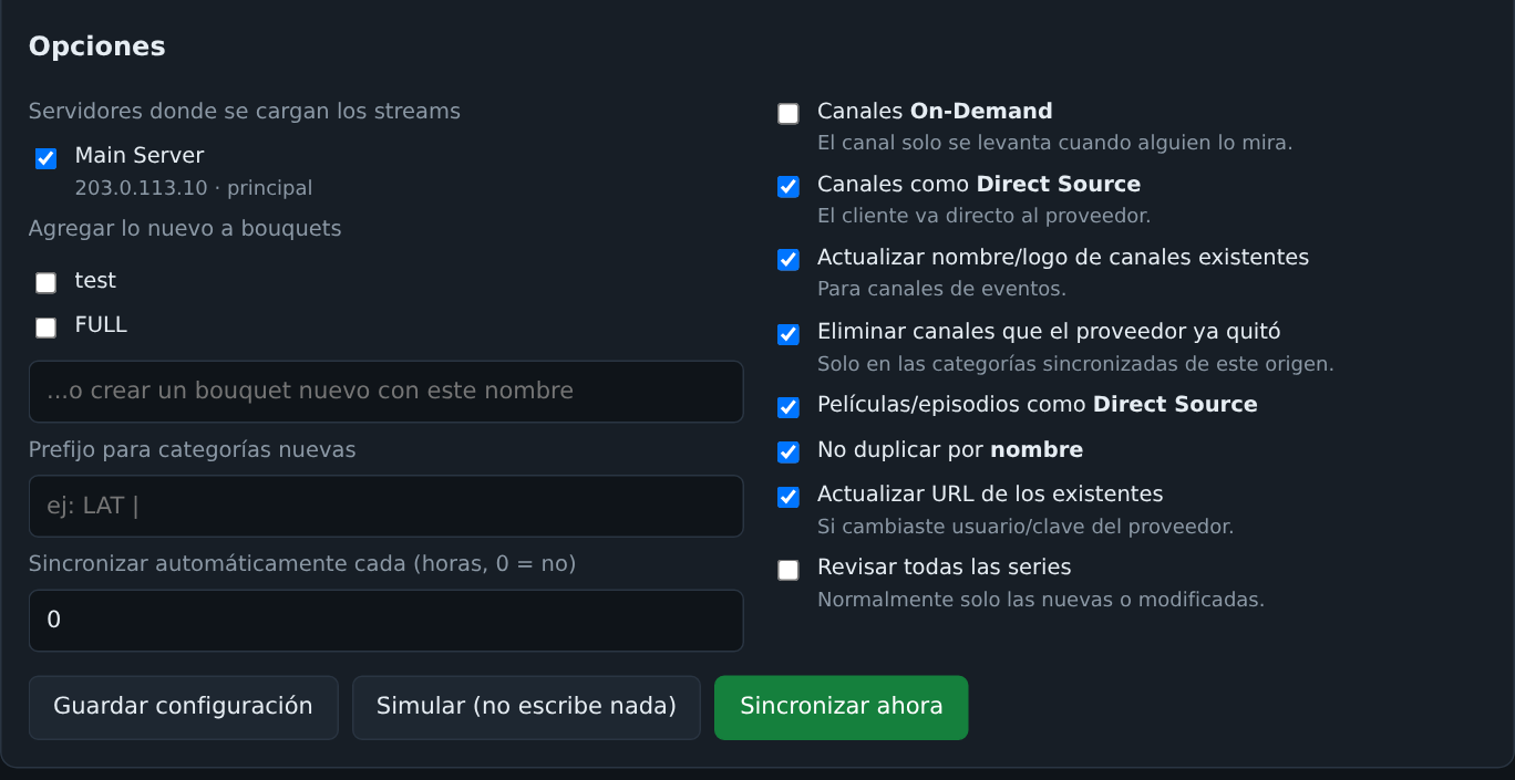 Opciones de sincronización con los botones Simular y Sincronizar ahora